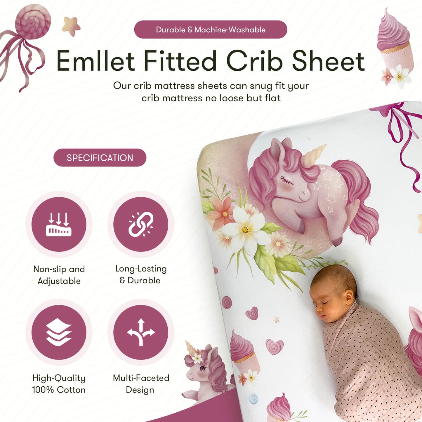 Emllet Unicorns Crib Sheet, specification