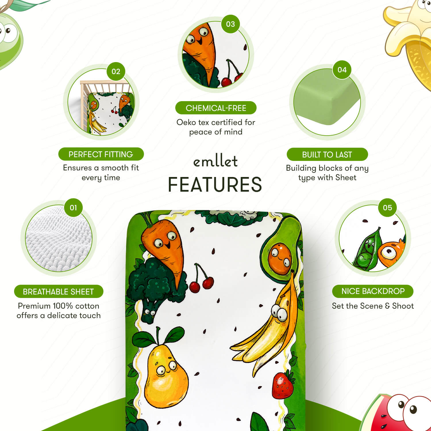 Emllet Veggies Crib Sheet, features