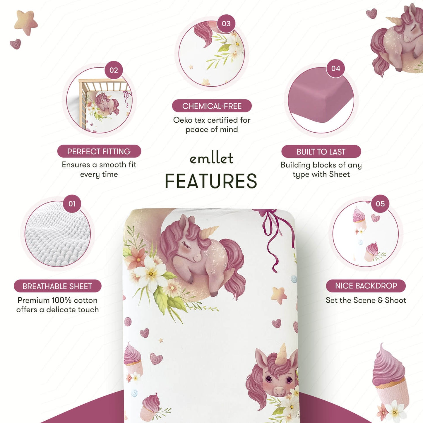 Emllet Unicorns Crib Sheet, features