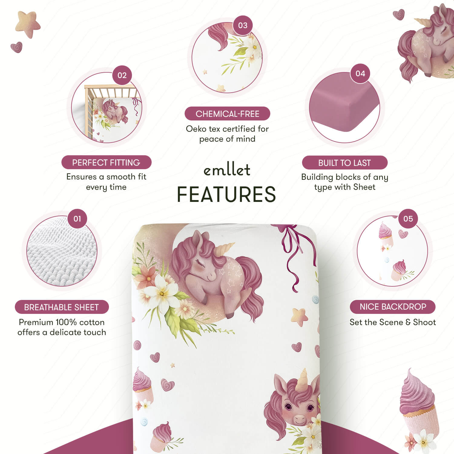 Emllet Unicorns Crib Sheet, features