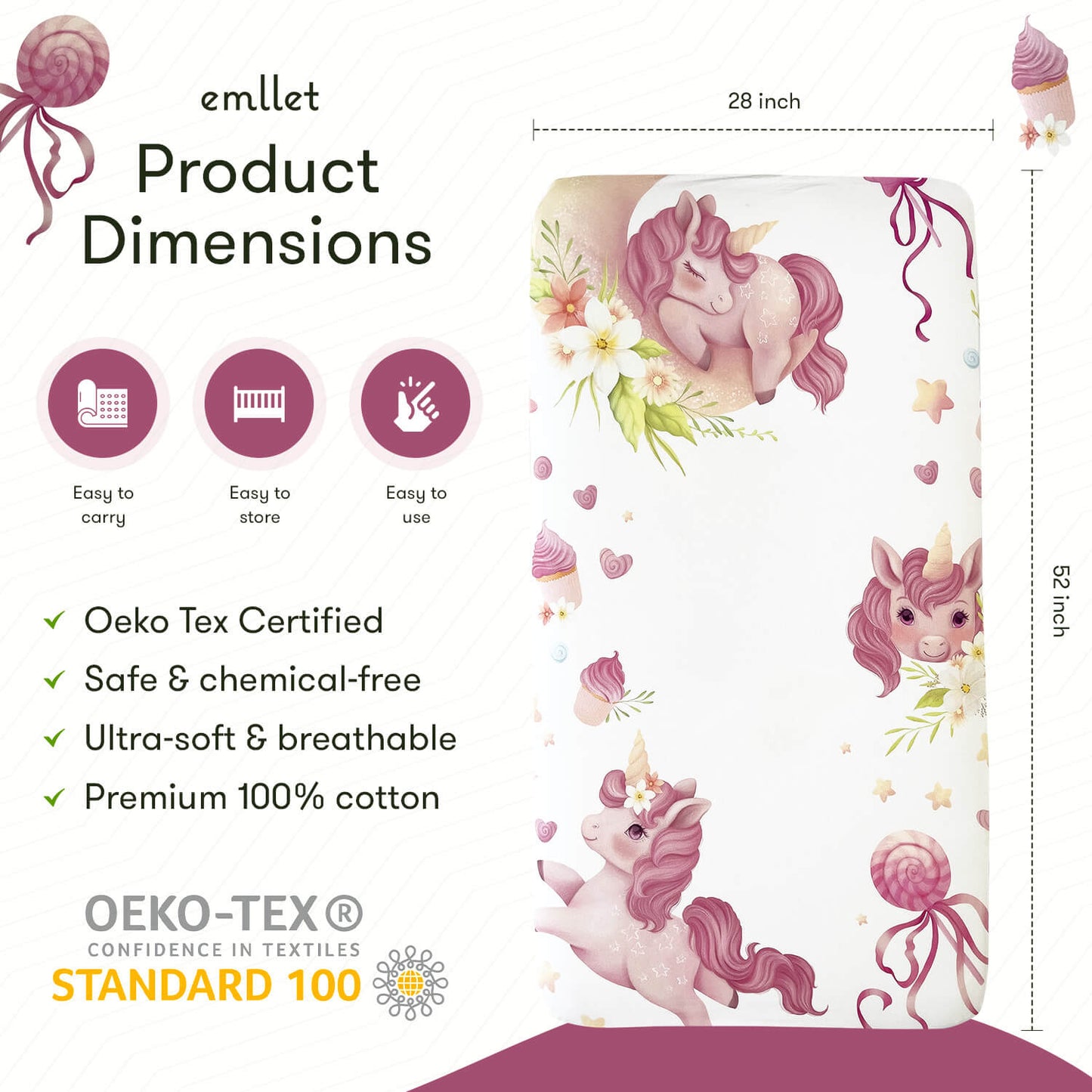 Emllet Unicorns Crib Sheet, product dimensions