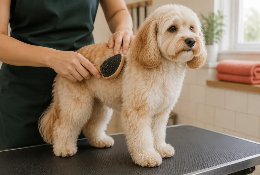 A groomer carefully brushes a relaxed dog’s coat