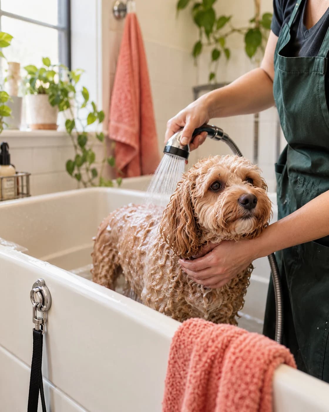 A groomer gently rinses an apricot dog in a sunlit salon
