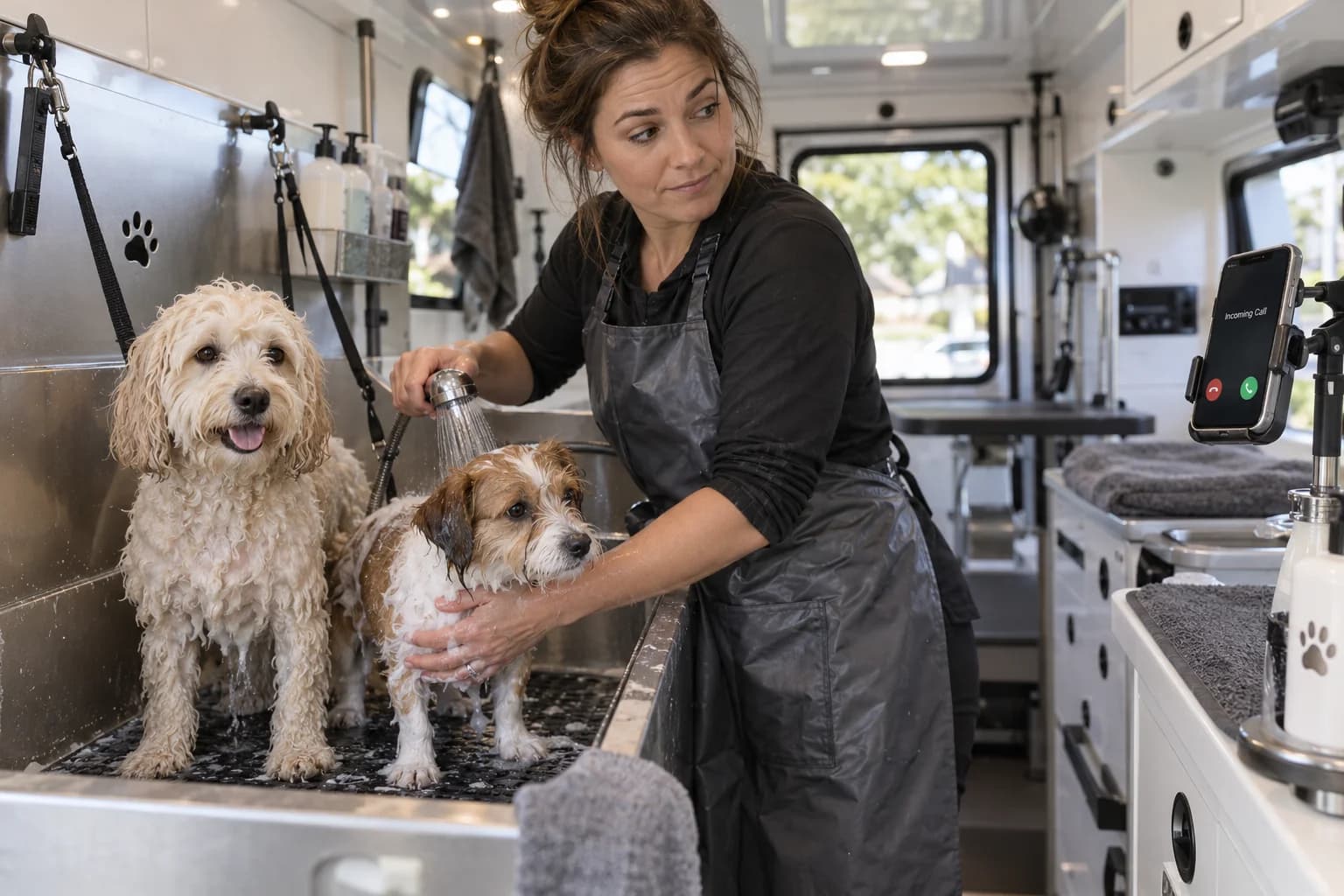 A mobile groomer bathes two dogs while an incoming call lights up a nearby phone.