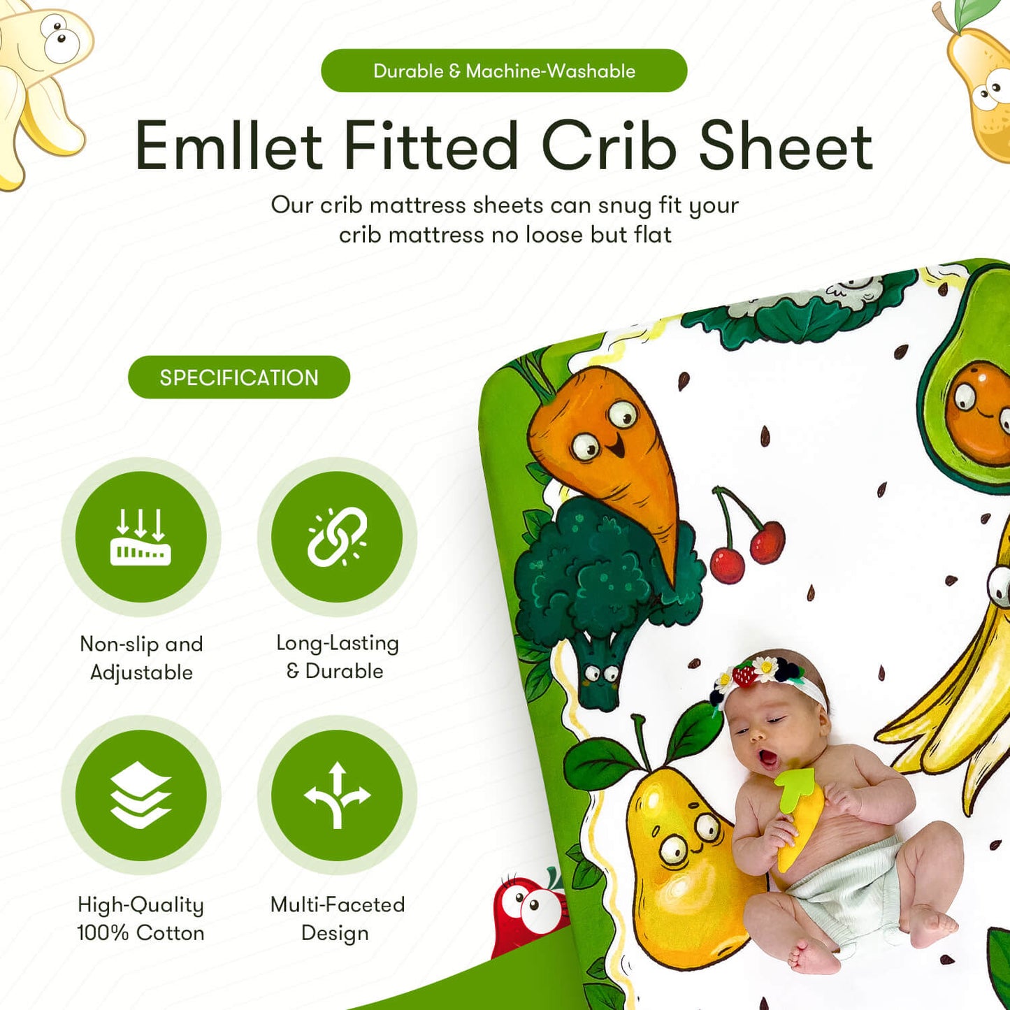Emllet Veggies Crib Sheet, specification