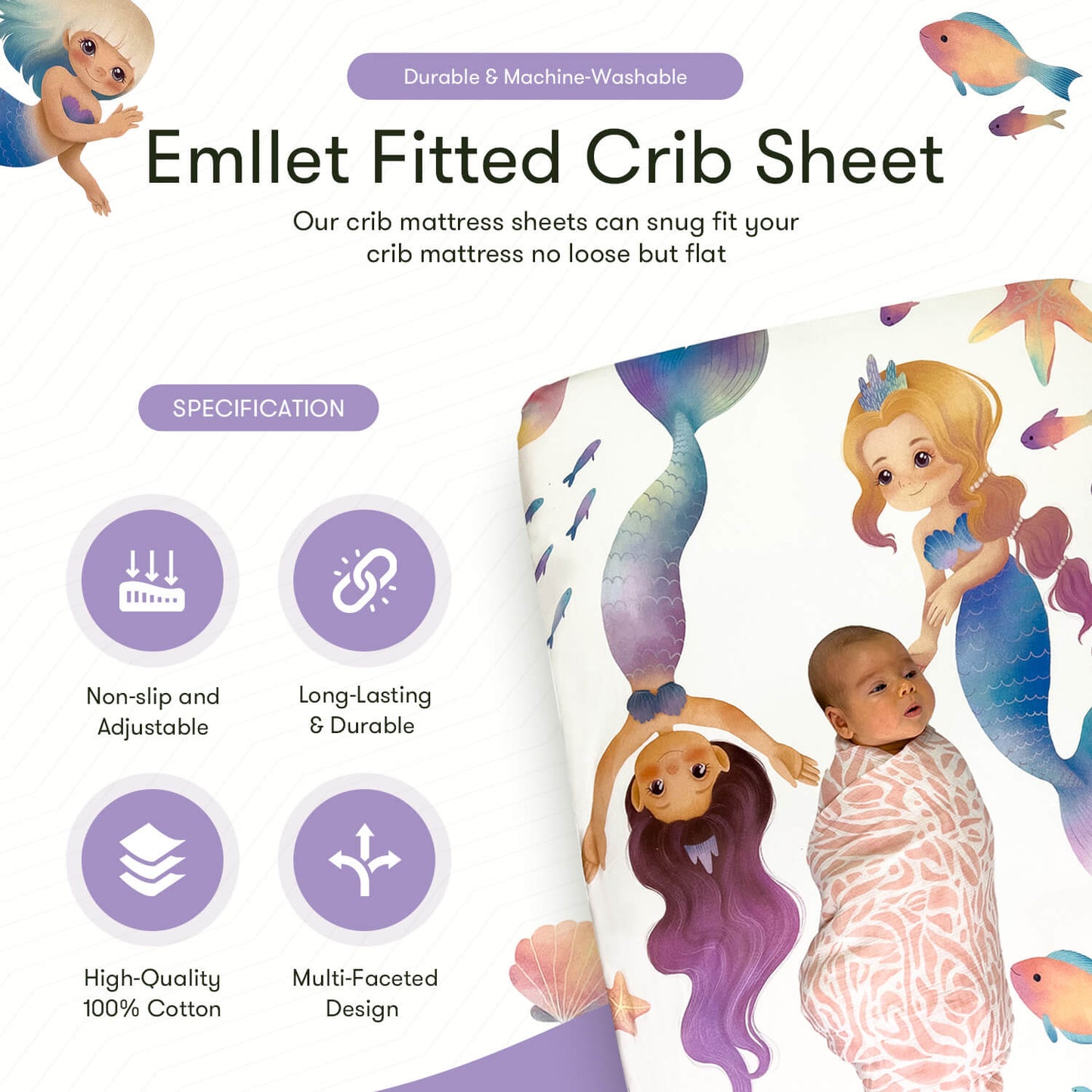 Emllet Mermaids Crib Sheet, specification