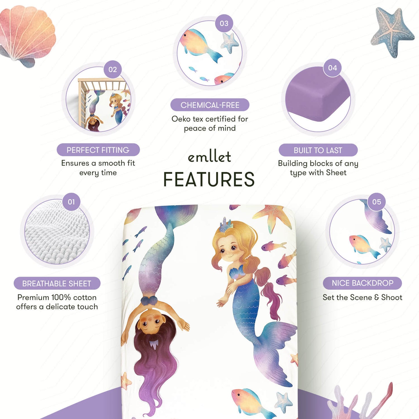 Emllet Mermaids Crib Sheet, features