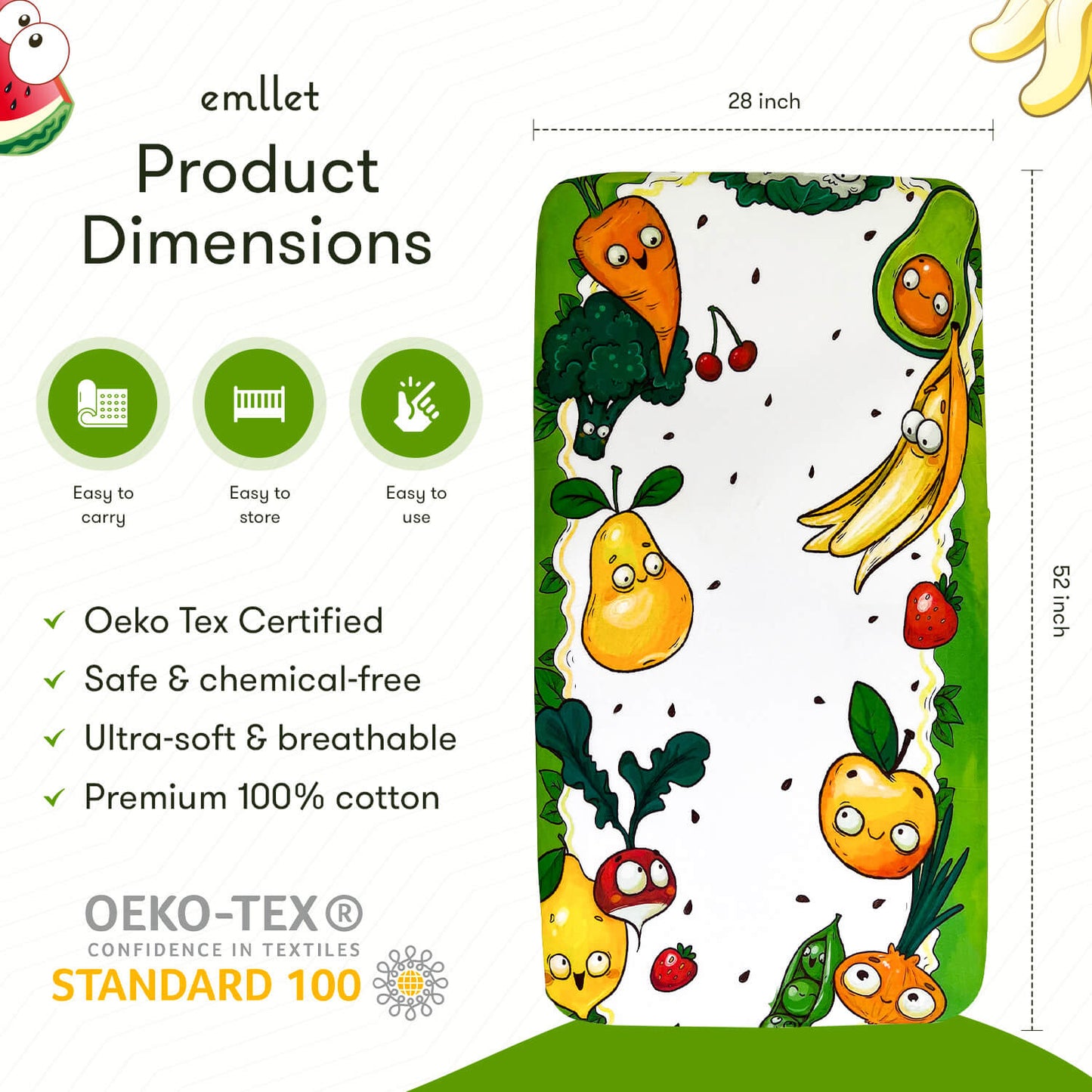 Emllet Veggies Crib Sheet, product dimensions