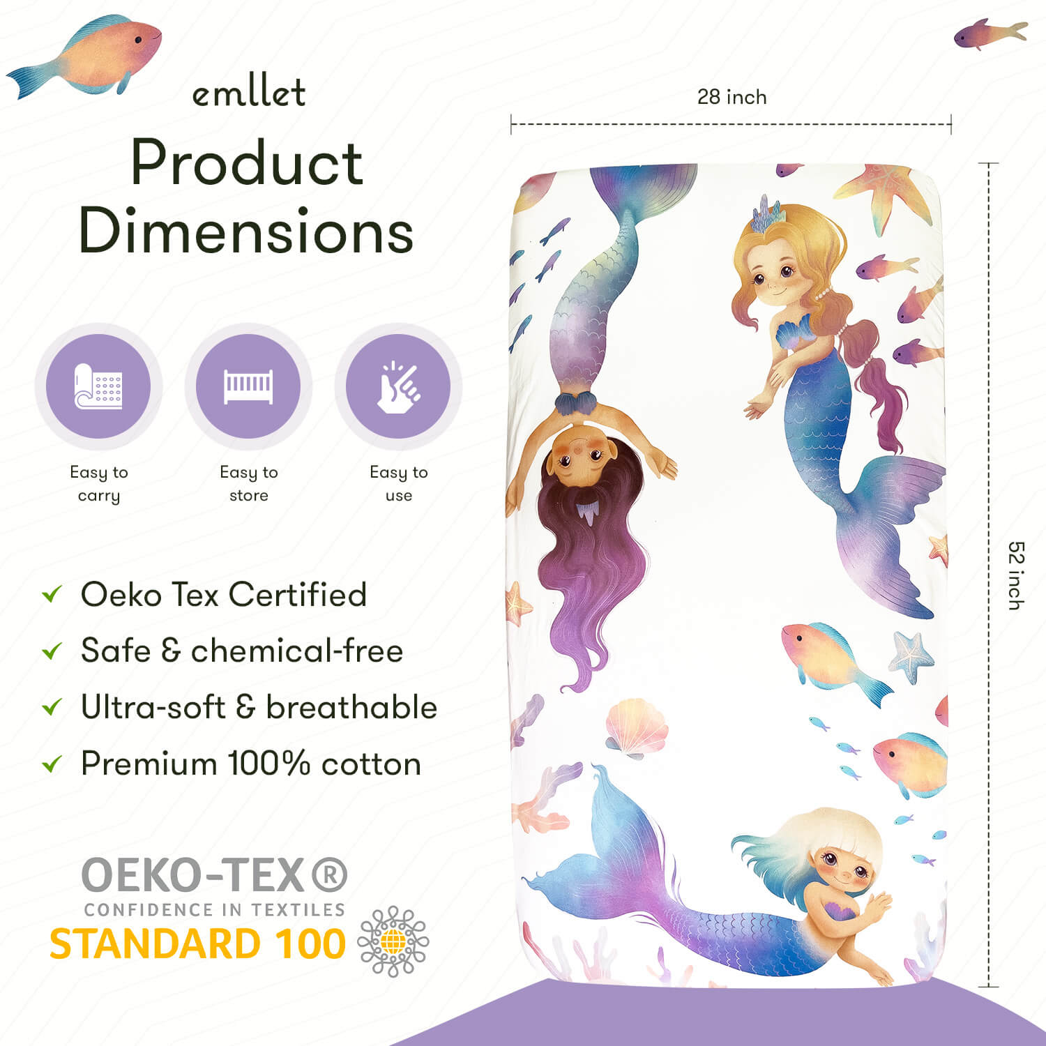 Emllet Mermaids Crib Sheet, product dimensions