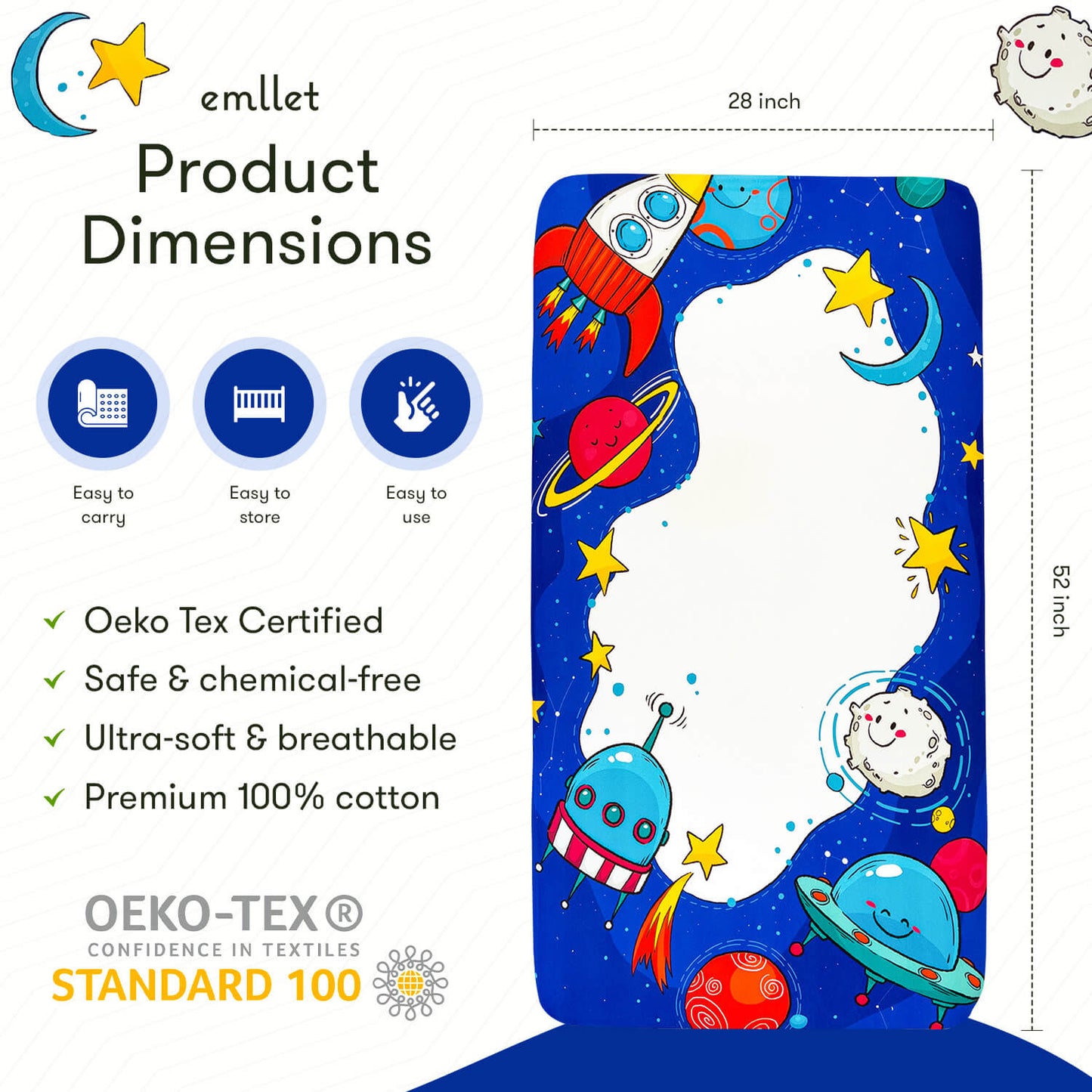 Emllet Space Crib Sheet, product dimensions
